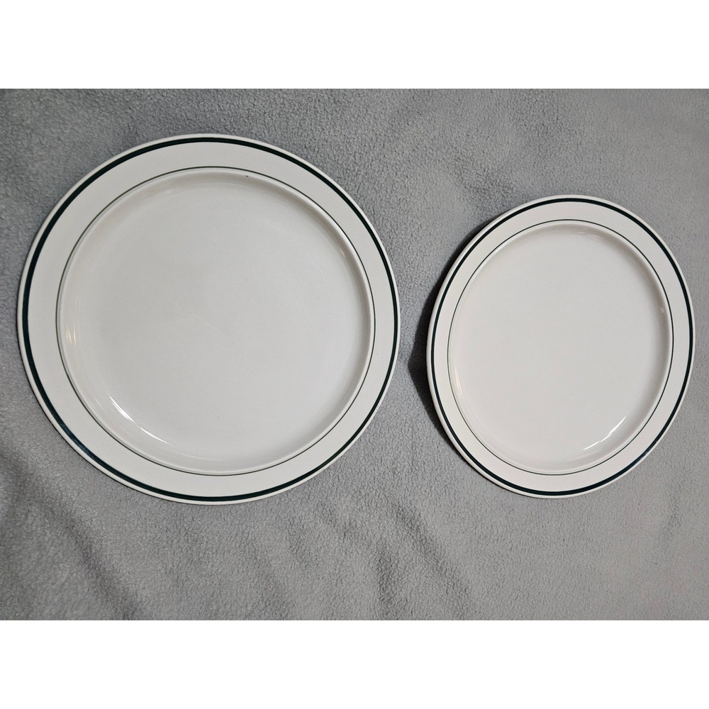 Vintage Stoneware Dinner Salad Plate Set Off White Hunter Green Rim 2 Piece